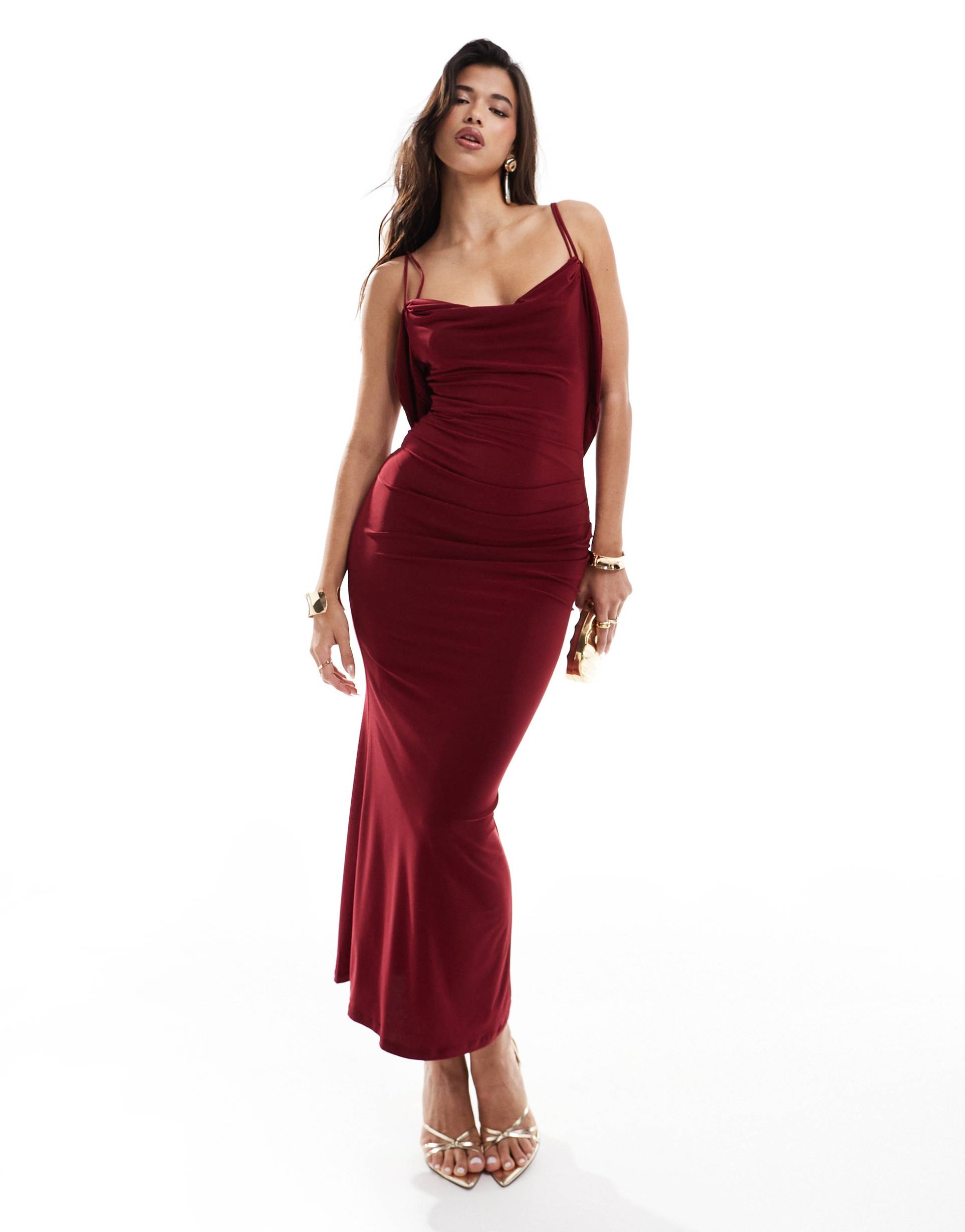 asos design slinky cowl double strap cami midi dress in burgundy