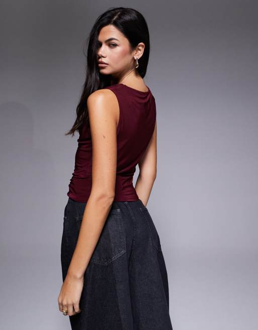 ASOS DESIGN slinky cowl drape top in burgundy, 4 of 4