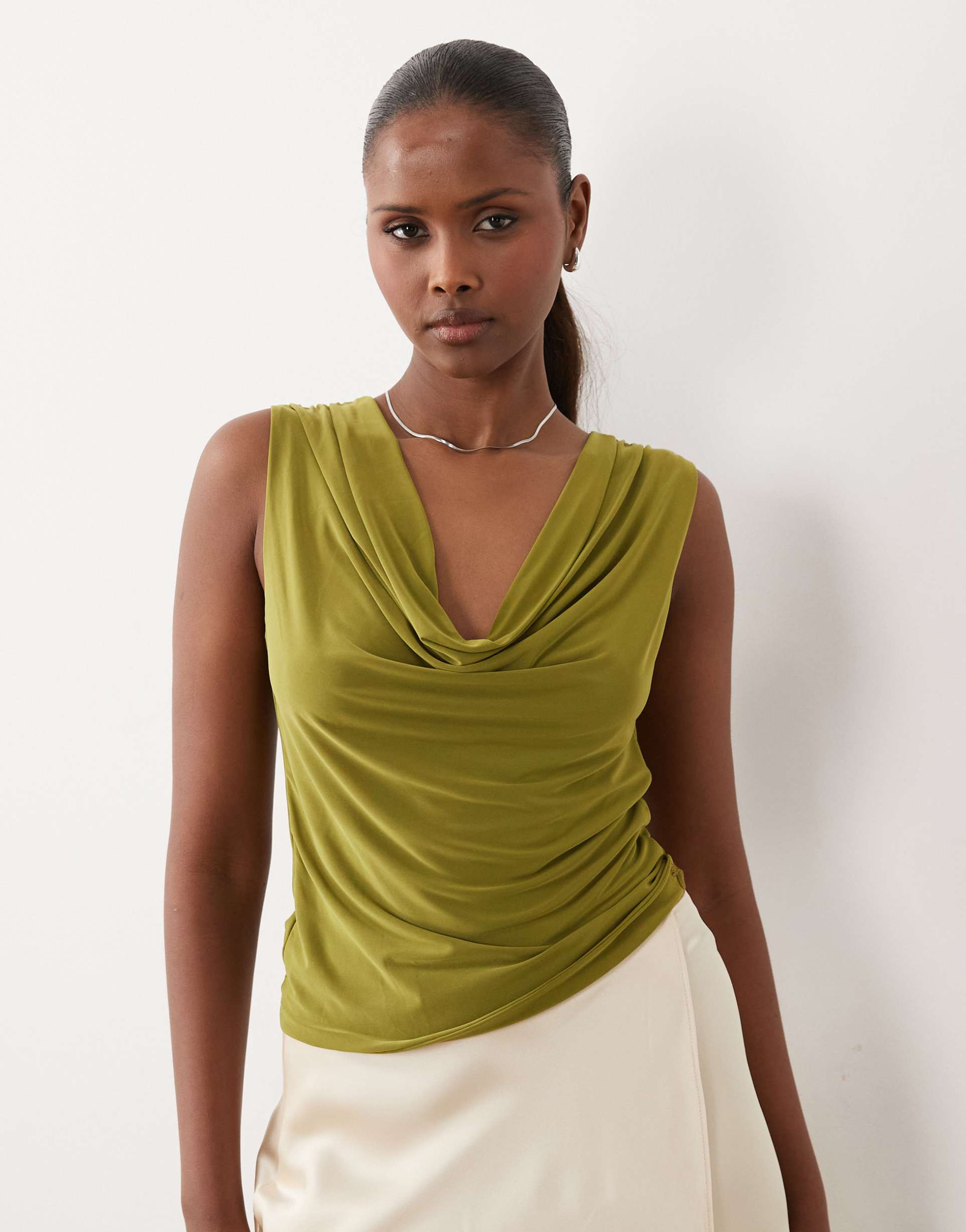 asos design slinky cowl drape top in olive