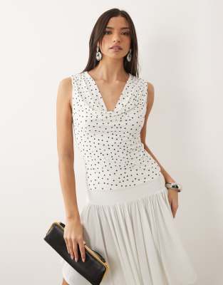slinky cowl drape top in spot print-Multi