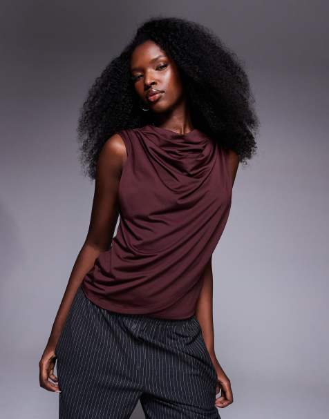 ASOS DESIGN slinky cowl neck tank with drape wrap front in berry