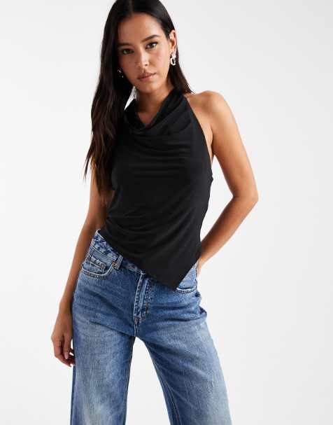 ASOS DESIGN slinky cowl halter neck top with asymmetric hem in black - view 1