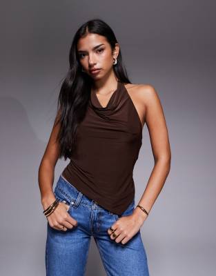 Asos Design Slinky Cowl Halter Neck Top With Asymmetric Hem In Brown