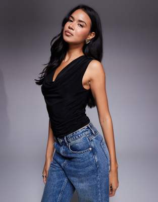 Asos Design Slinky Cowl Neck Drape Top In Black