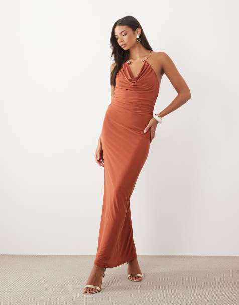 ASOS DESIGN slinky cowl neck maxi dress with floral neck detail in terracotta - view 1