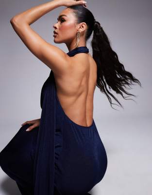Shop Asos Design Slinky Cowl Neck Maxi Dress With Sash Detail And Wide Hem In Navy