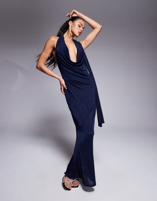 ASOS DESIGN slinky cowl neck maxi dress with sash detail and wide hem in  navy | ASOS