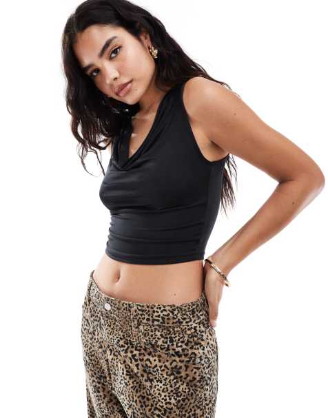 ASOS DESIGN slinky cowl neck tank top in black - view 1