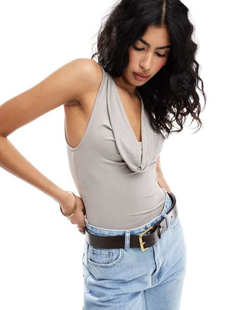 ASOS DESIGN slinky cowl neck tank top in grey - view 1