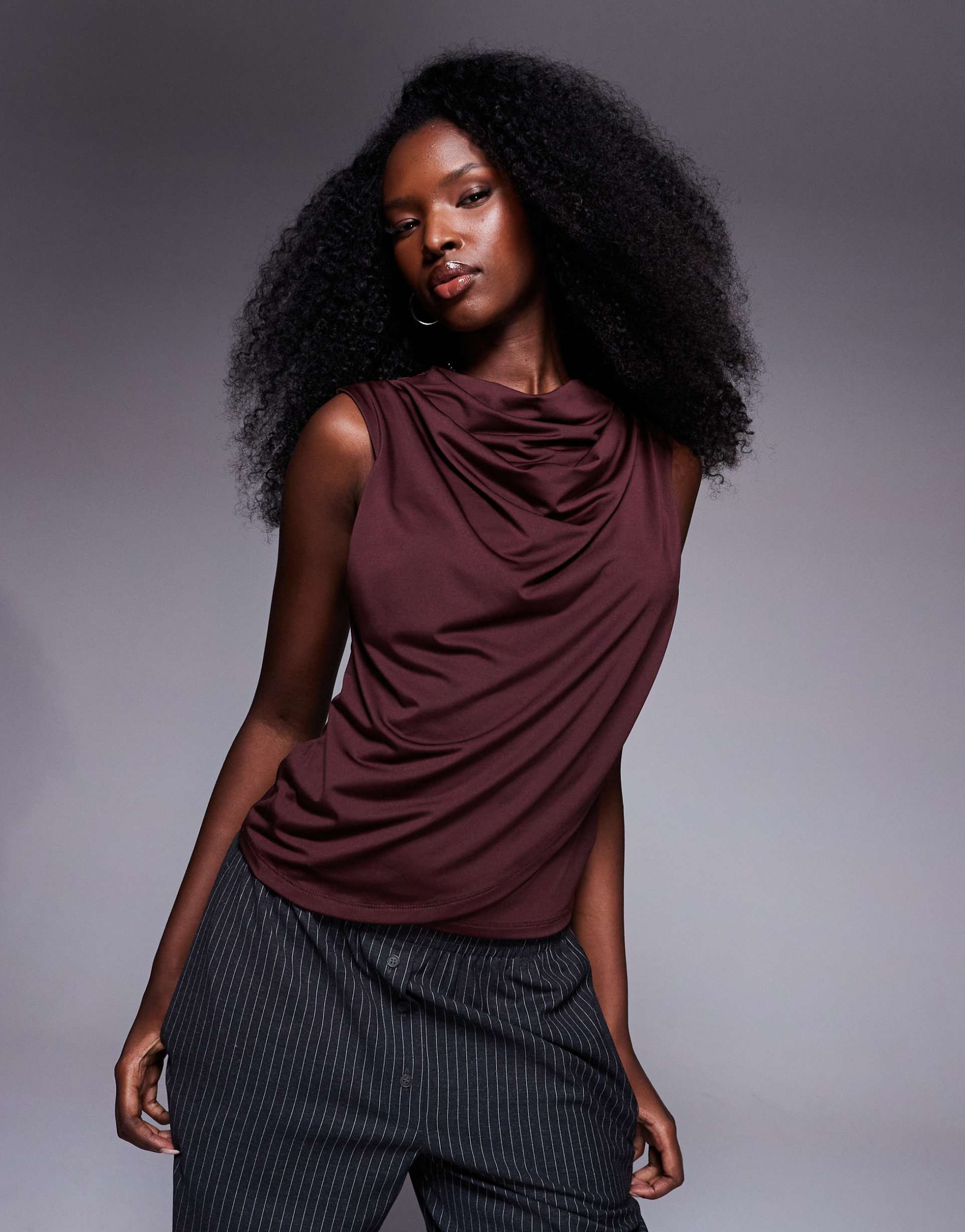 asos design slinky cowl neck tank top with drape wrap front in berry