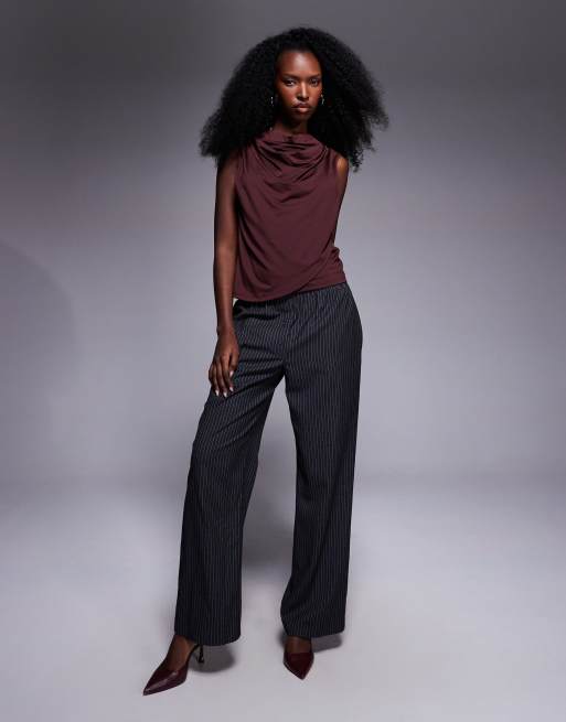 ASOS DESIGN slinky cowl neck tank top with drape wrap front in berry, 4 of 4