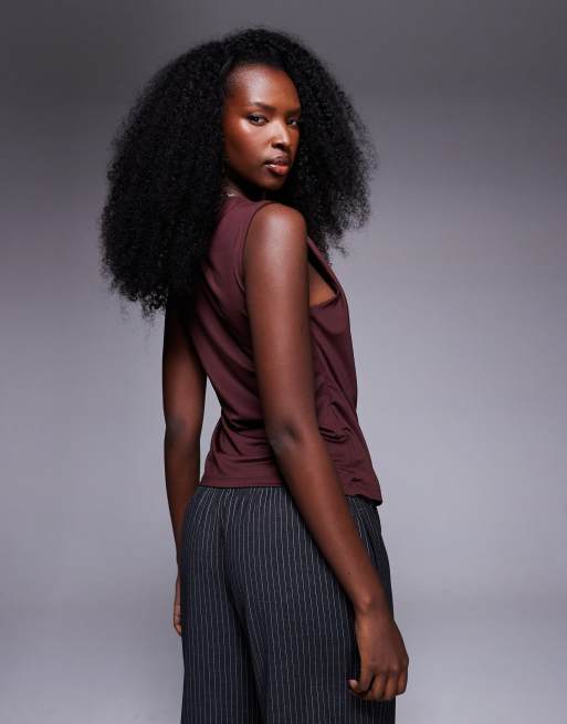 ASOS DESIGN slinky cowl neck tank with drape wrap front in berry, 2 of 4