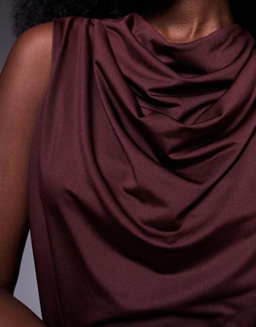 ASOS DESIGN slinky cowl neck tank with drape wrap front in berry, 3 of 4