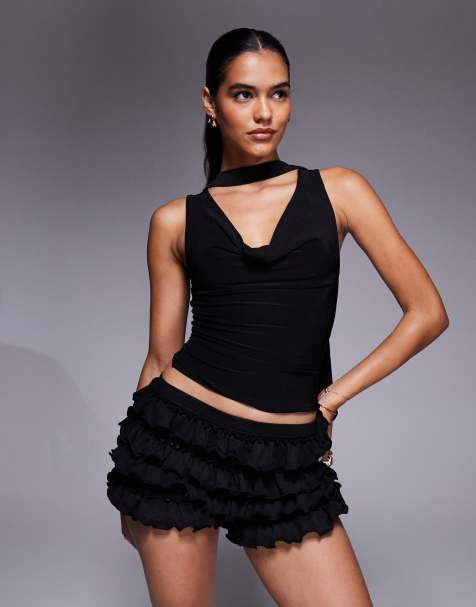ASOS DESIGN slinky cowl scarf neck top in black - view 1