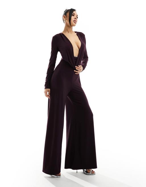 ASOS DESIGN slinky cowl wide leg jumpsuit with encrusted trim in