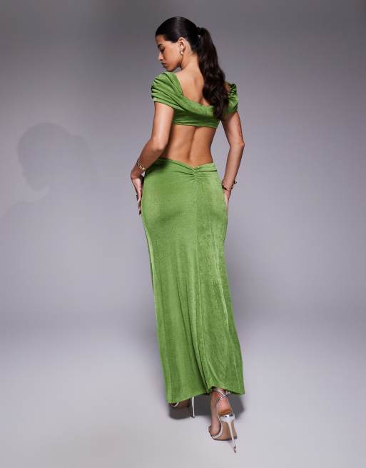 ASOS DESIGN slinky cross front maxi dress with cowl back in green, 2 of 4