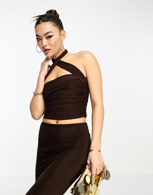 ASOS DESIGN slinky cross neck top in chocolate (part of a set)