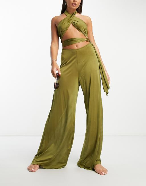 ASOS DESIGN slinky cross neck wide leg beach jumpsuit in olive