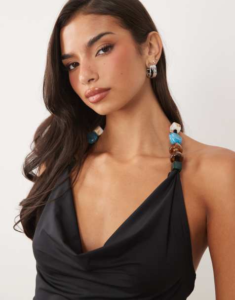 ASOS DESIGN slinky cross-over cowl neck top with bead detail in black - view 1