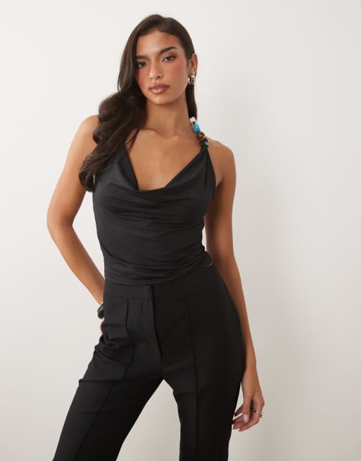 ASOS DESIGN slinky cross-over cowl neck top with bead detail in black, 3 of 4