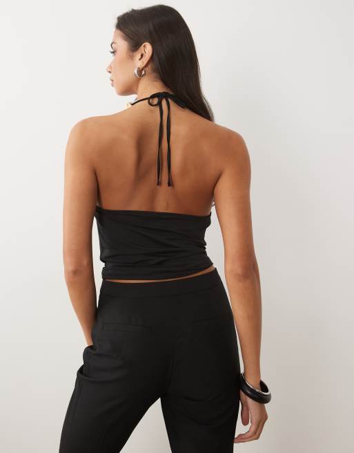 ASOS DESIGN slinky cross-over cowl neck top with bead detail in black, 4 of 4