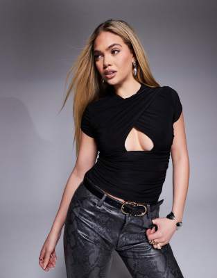 Asos Design Slinky Cross Over Long Sleeve Cut Out Top In Black
