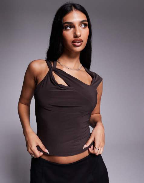 ASOS DESIGN slinky cross strap cut out top in chocolate - view 1