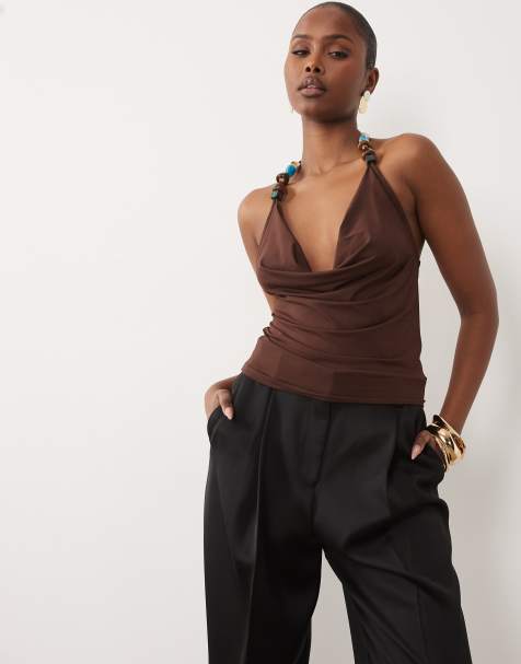 ASOS DESIGN slinky crossover cowl neck top with bead detail in chocolate - view 1