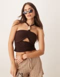 [ASOS DESIGN] ASOS DESIGN slinky cut out halterneck top with bead detail in chocolate-Brown M Chocolate
