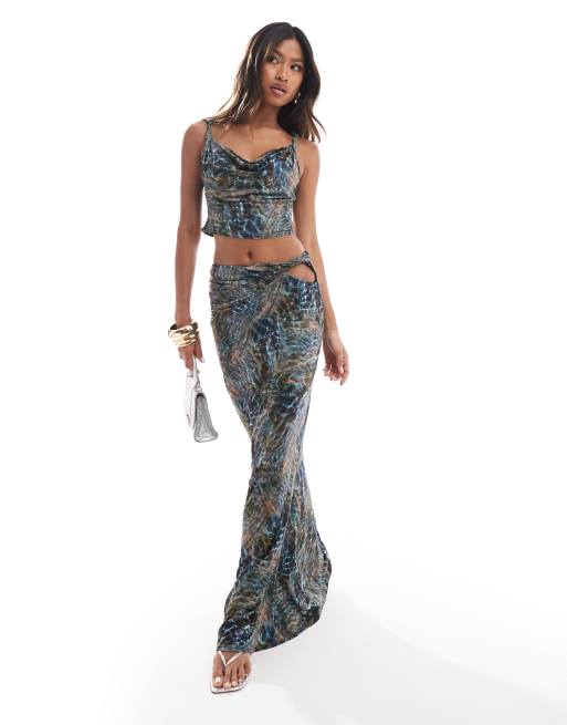 ASOS DESIGN slinky cut out hip maxi skirt in blue print (part of a set)