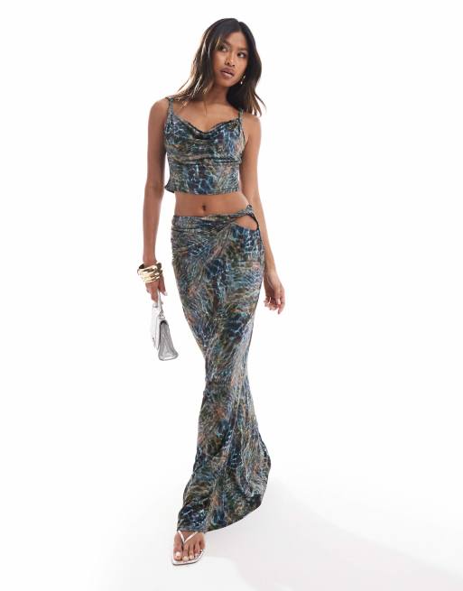 ASOS DESIGN slinky cut out hip maxi skirt in blue print (part of a set)