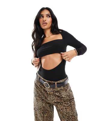 Asos Design Slinky Cut Out Long Sleeve Bodysuit In Black