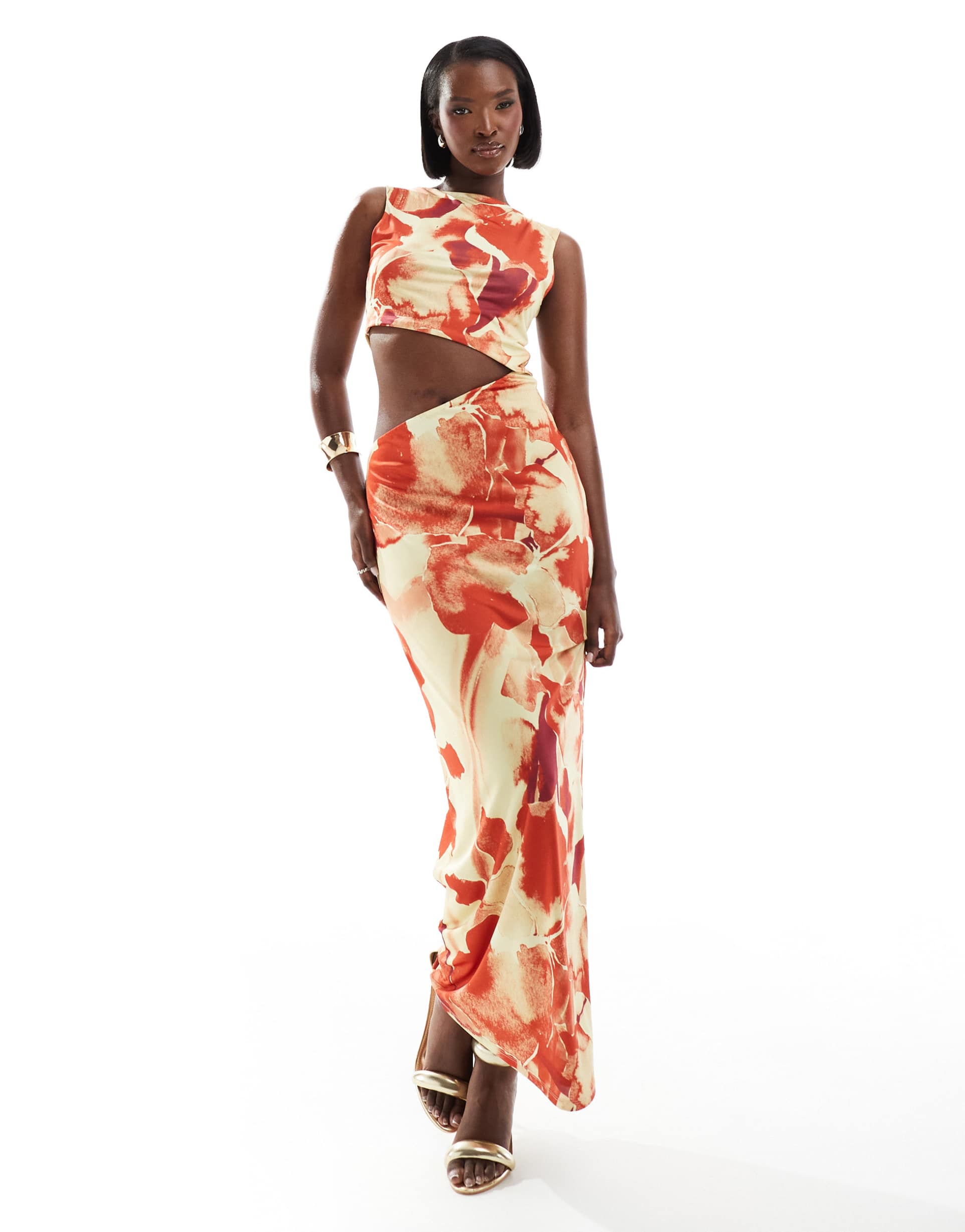 asos design slinky cut out maxi dress in oversized orange floral print