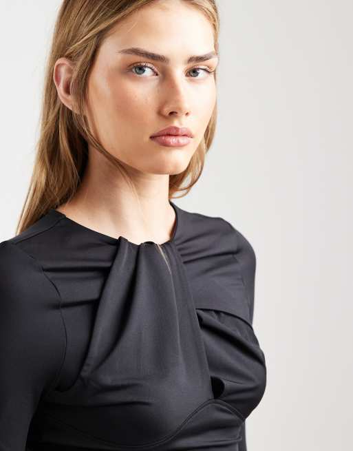 ASOS DESIGN slinky cut out twist detail long sleeve top in black, 2 of 4