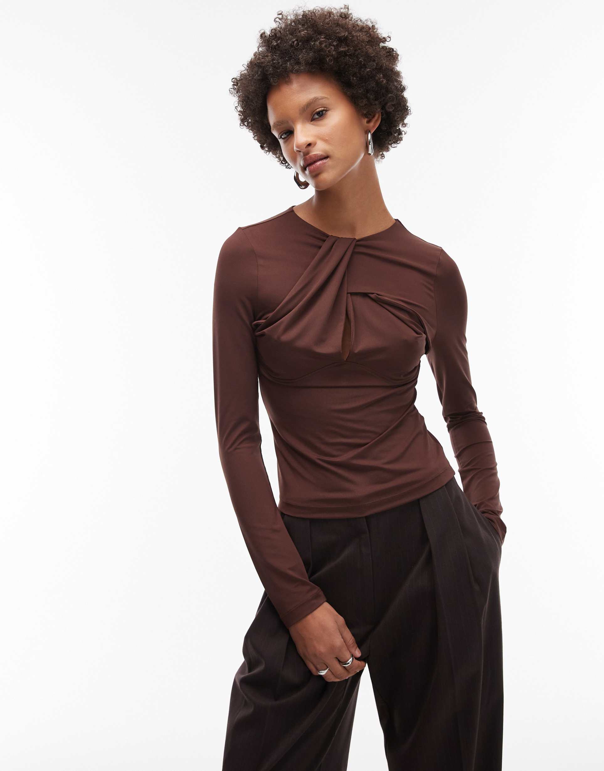 asos design slinky cut out twist detail long sleeve top in chocolate