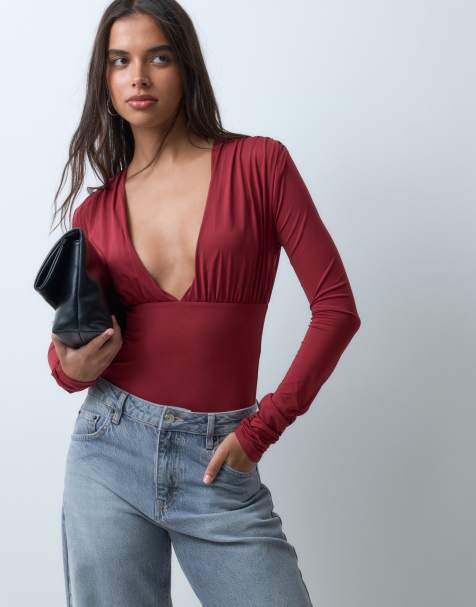 ASOS DESIGN slinky deep plunge v neck long sleeve bodysuit in berry - view 1