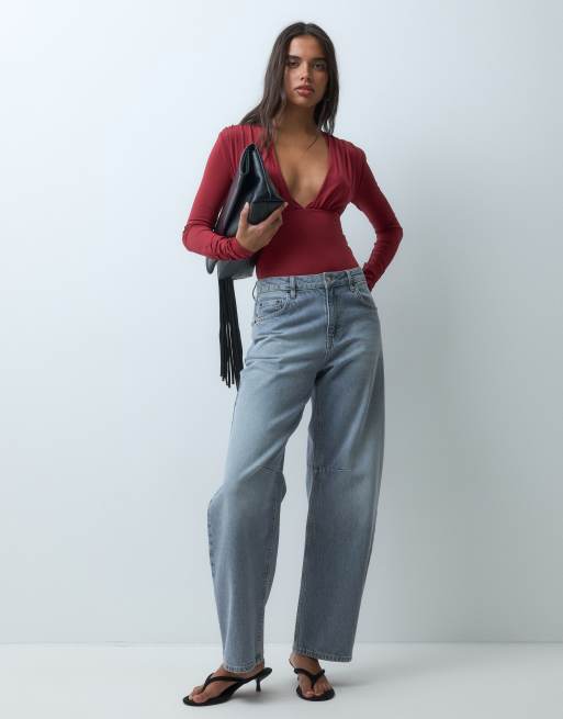 ASOS DESIGN slinky deep plunge v neck long sleeve bodysuit in berry, 3 of 5