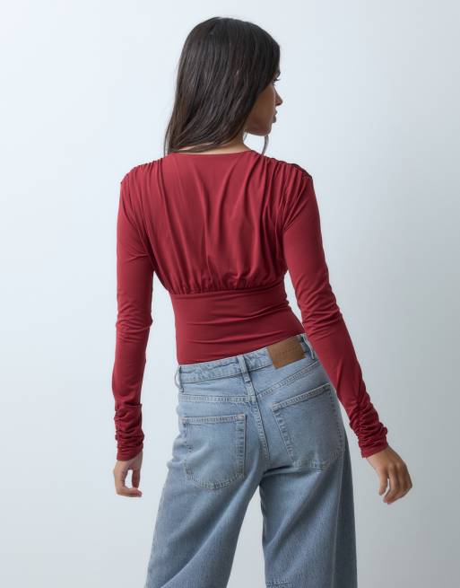 ASOS DESIGN slinky deep plunge v neck long sleeve bodysuit in berry, 4 of 5