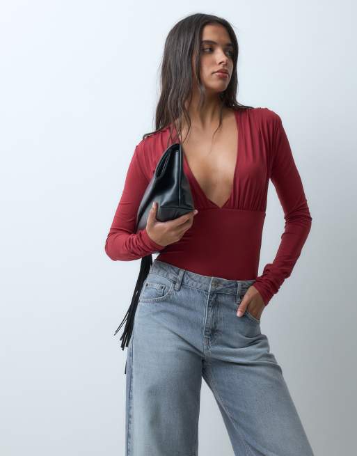 ASOS DESIGN slinky deep plunge v neck long sleeve bodysuit in berry, 5 of 5