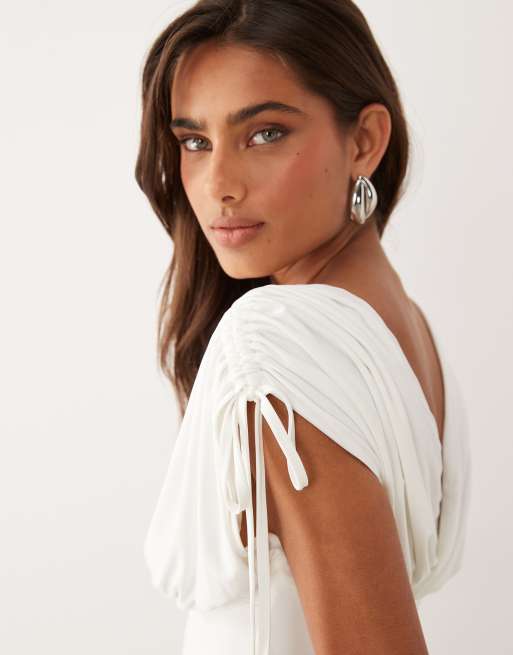 ASOS DESIGN slinky deep ruched off the shoulder top in white, 2 of 4