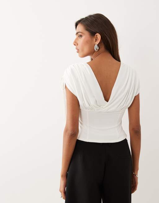 ASOS DESIGN slinky deep ruched off the shoulder top in white, 4 of 4