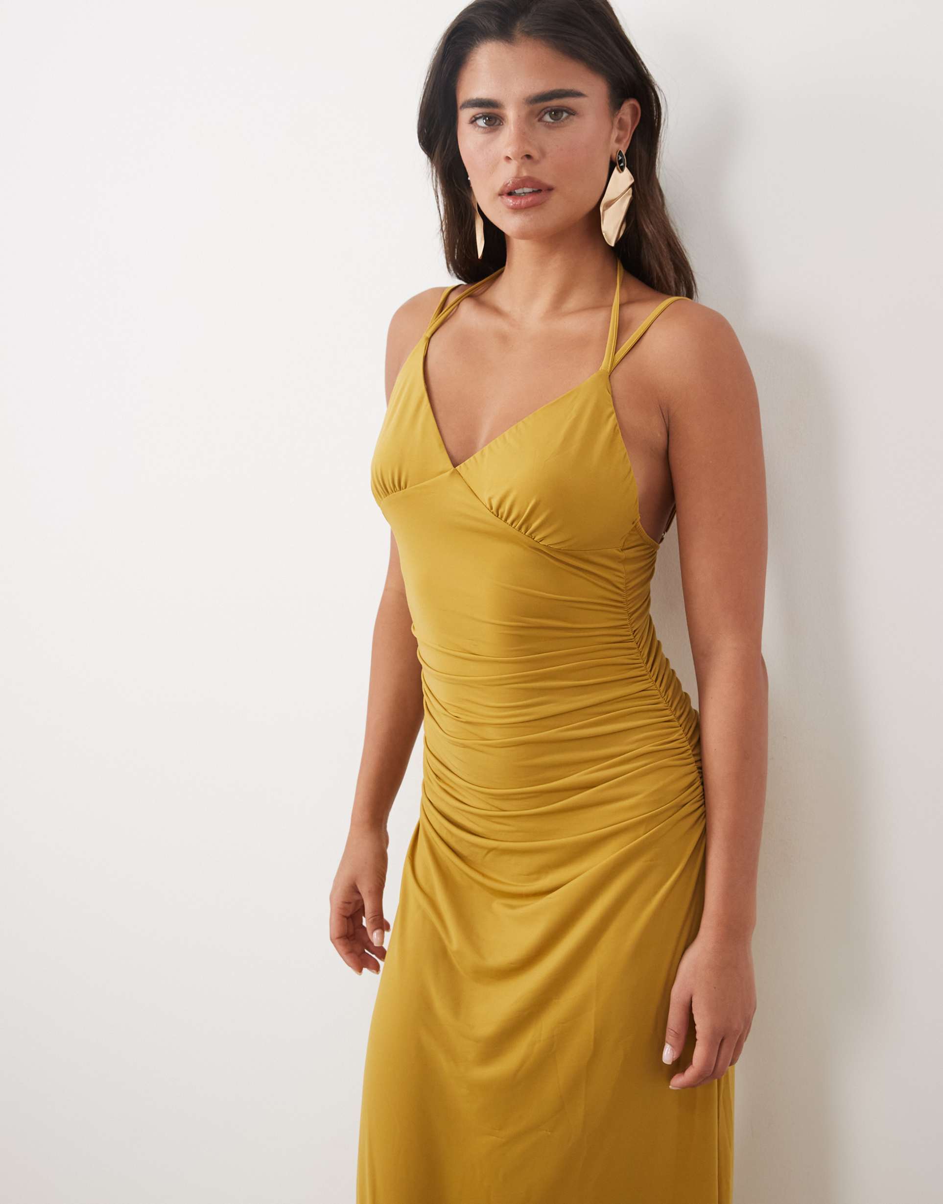 asos design slinky double strap detail maxi dress in brown