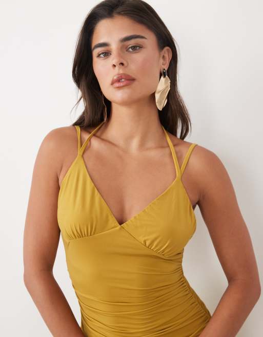ASOS DESIGN slinky double strap detail maxi dress in brown, 3 of 4