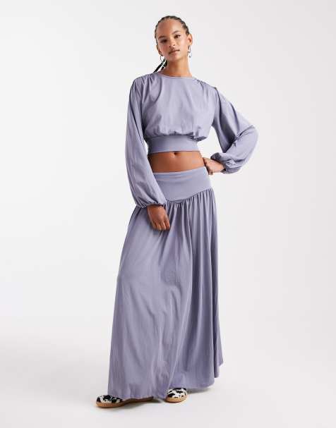 ASOS DESIGN slinky drape balloon sleeve top and skirt set in gray - view 1