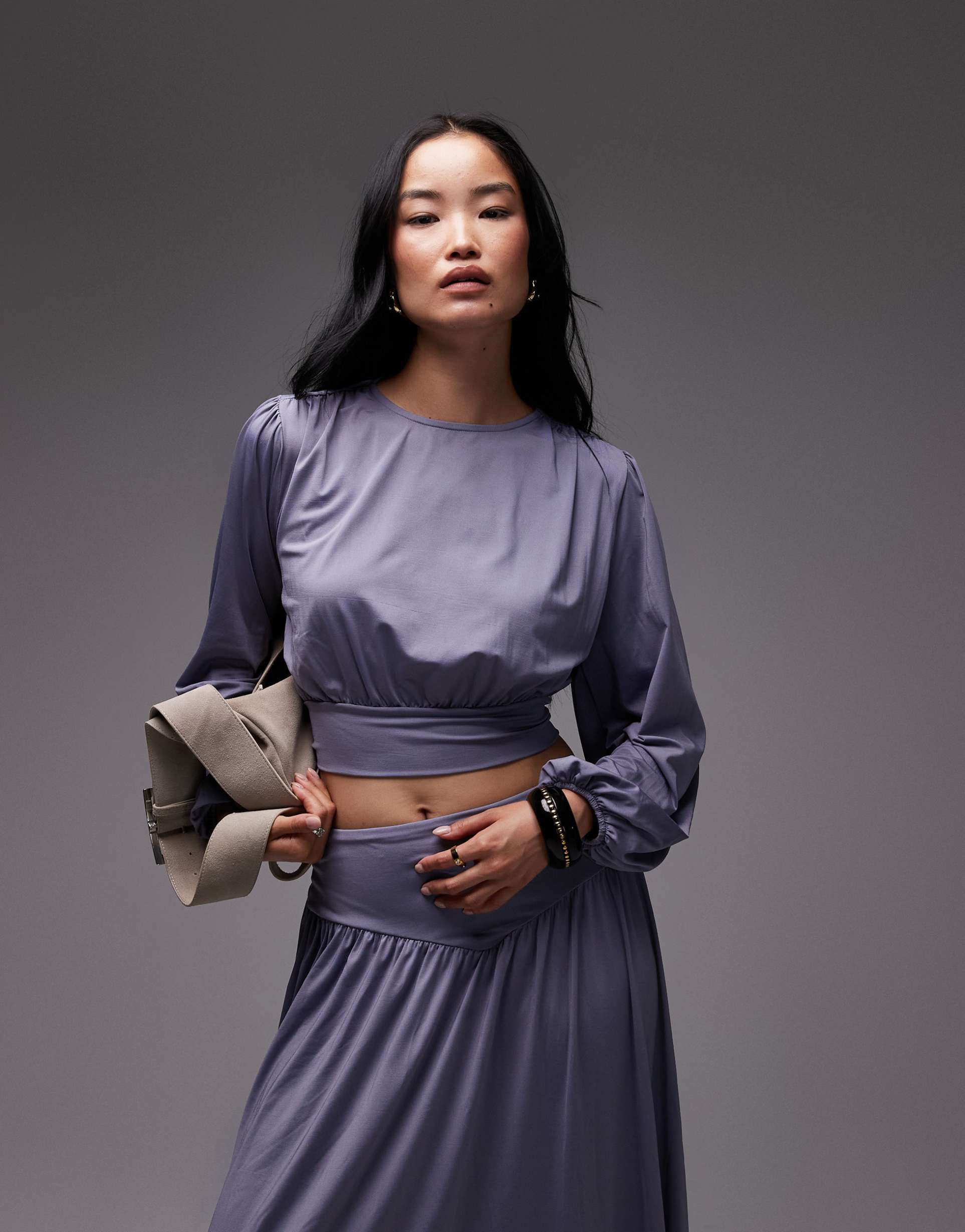 asos design slinky drape balloon sleeve top with tie back detail in gray - part of a set