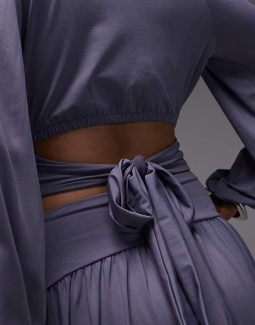 ASOS DESIGN slinky drape balloon sleeve top with tie back detail in gray - part of a set