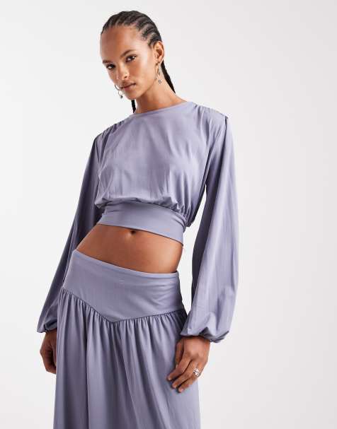 ASOS DESIGN slinky drape balloon sleeve top with tie back detail in grey (part of a set) - view 1