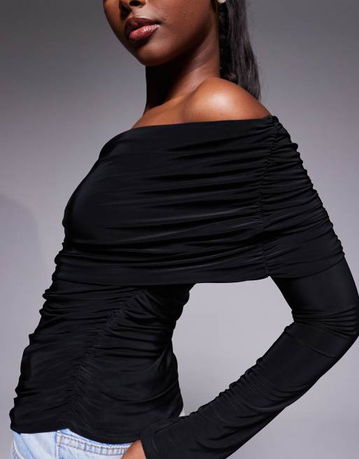 ASOS DESIGN slinky drape bardot long sleeve top in black
