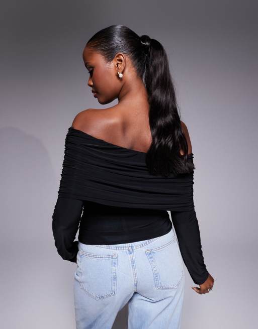 ASOS DESIGN slinky drape bardot long sleeve top in black