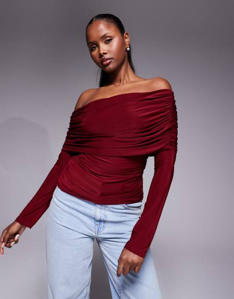 ASOS DESIGN slinky drape bardot long sleeve top in burgundy - view 1